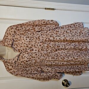 Umgee Cream Animal Print Long Puff Sleeve Tiered Babydoll Dress